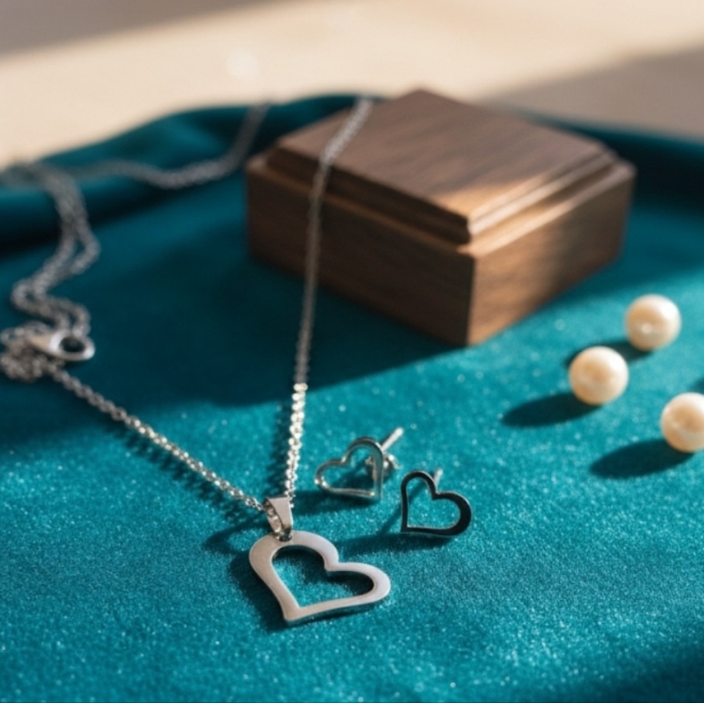 NWT 316L Stainless Steel Heart Necklace & Earring Set Silver Tone